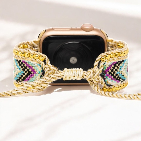 Handwoven Boho Apple Watch Band with Gold Beading – Adjustable Bracelet Strap - Picture 3 of 7